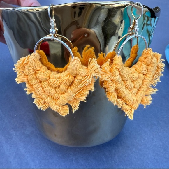 Macrame Golden Yellow Dangle Earrings - Picture 7 of 12